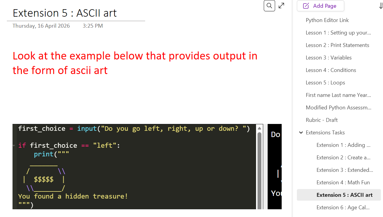 Figure 10: OneNote extension activity — ASCII art with conditionals