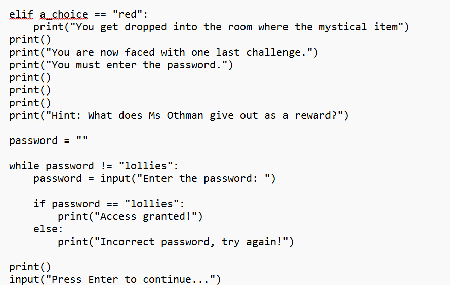 Figure 16: Student B work sample — text-based adventure game