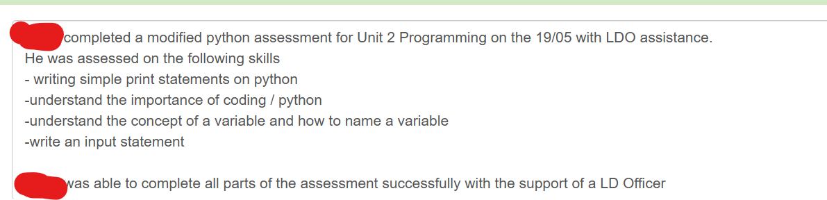 Figure 13: Individualised feedback for a PLP learner