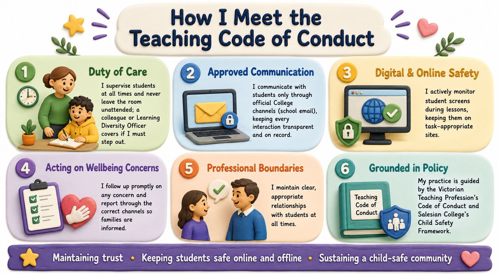 How I meet the teaching Code of Conduct — duty of care, boundaries and child safety.